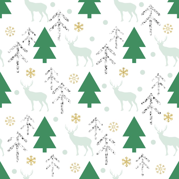 seamless christmas glitter pattern background with pine tree , reindeer and snowflake