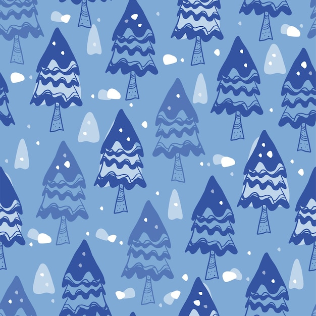 Vector seamless christmas pattern background with blue pine tree and white snowflakes