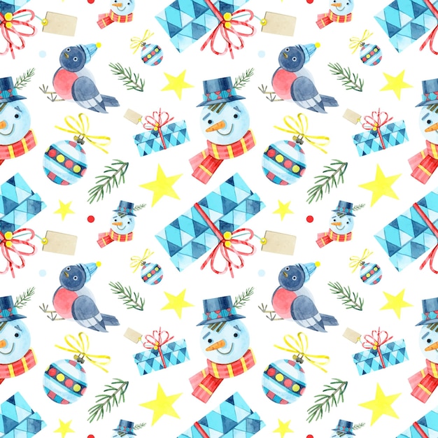 Seamless Christmas pattern Jointless ornament with a snowman bullfinch gift box ball star fir Watercolor illustrations on a white background For winter holidays new year childrens design