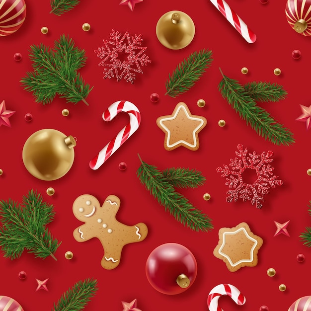 Seamless Christmas pattern New Year background with Christmas balls snowflakes and gingerbread