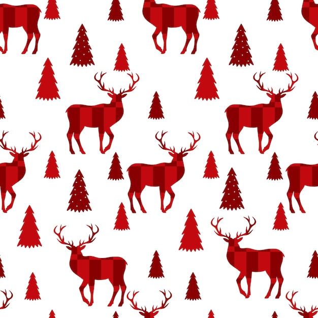 Seamless Christmas pattern reindeers with trees on white background