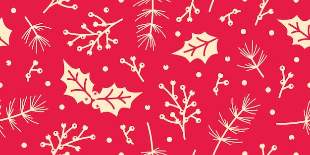 seamless christmas pattern spruce holly leaves berry leaf background