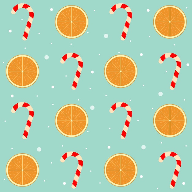 Seamless Christmas pattern with classic Christmas lollipop cane,orange slices and  snowflakes.Vector