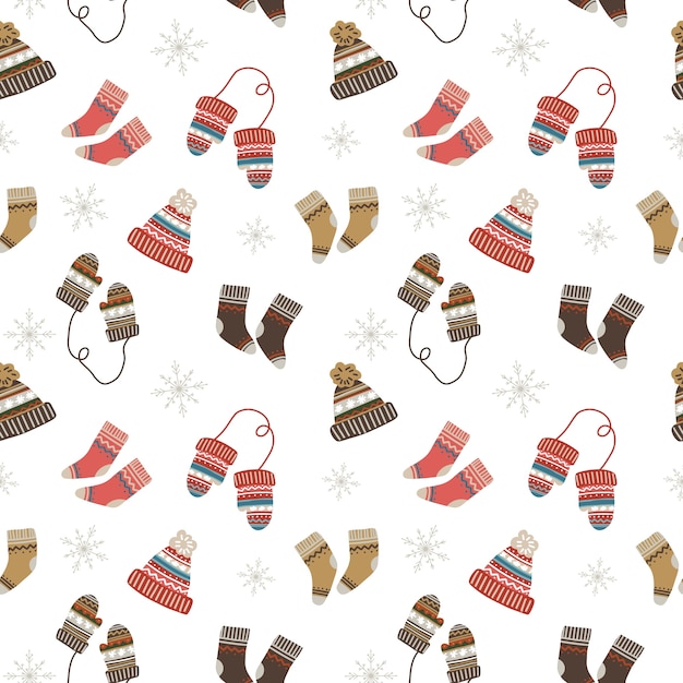 Seamless Christmas pattern with cozy and warm socks, hats and mittens