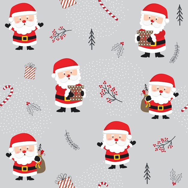 Seamless Christmas pattern with cute Santa and Christmas ornaments.