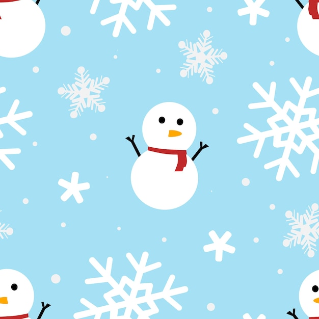 Seamless Christmas pattern with cute snowman and snowflakes. Cartoon characters on xmas.