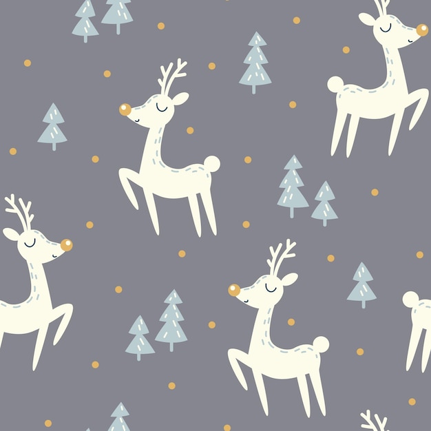 Seamless Christmas pattern with a deer and Christmas trees on a gray background