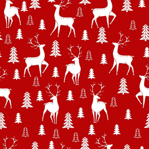 Seamless Christmas pattern with Deer silhouettes on a red background Seamless pattern