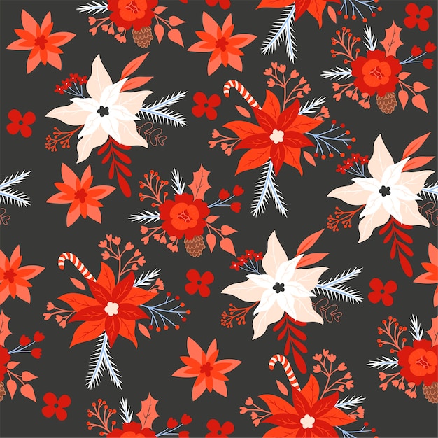 Seamless Christmas pattern with flowers. Vector graphics.