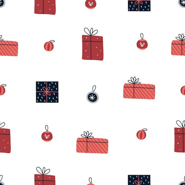 Seamless Christmas pattern with gifts and balls on a white background for the design of postcards te