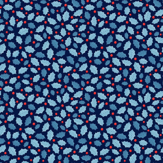 Seamless Christmas pattern with holly leaves and berries. Simple cartoon style. Seamless background for winter holidays decoration, wrapping paper, fabric. Vector illustration on a blue background.