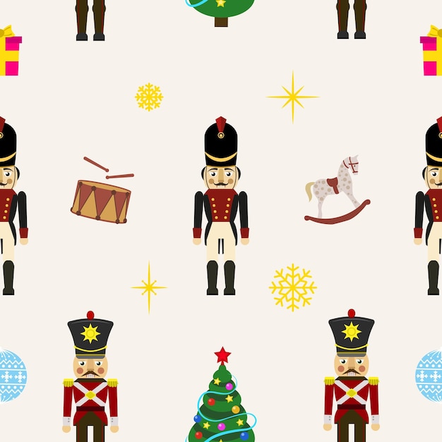 Seamless Christmas Pattern with Nutcracker and Christmas elements in Vector