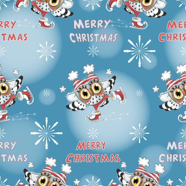 Seamless Christmas pattern with owls skating.