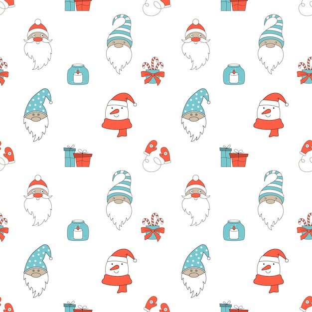 Seamless Christmas pattern with Santa Claus, gnomes, and snowman. V