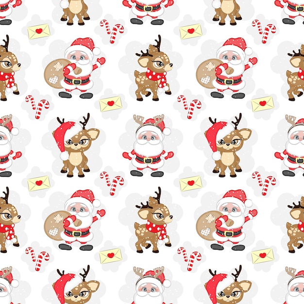 Seamless Christmas pattern with Santa Claus and reindeer vector illustration