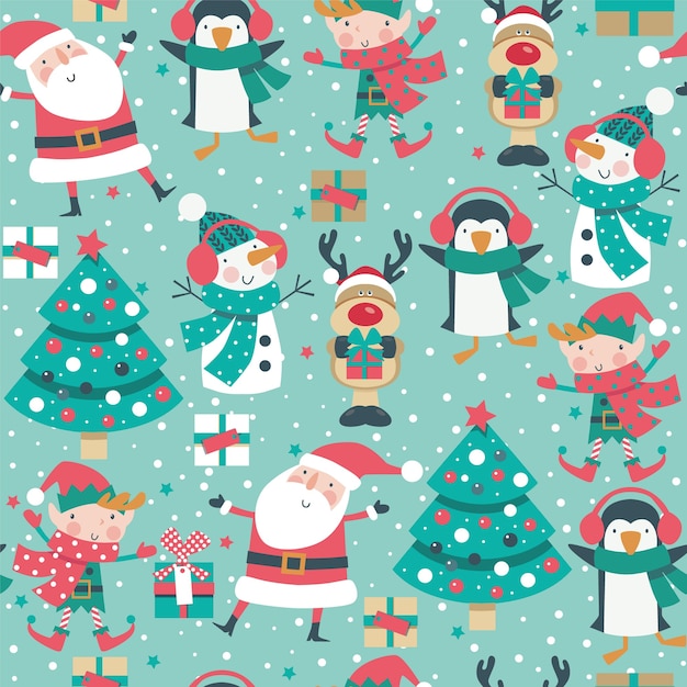 Seamless Christmas pattern with Santa, deer, penguin, elf and tree.