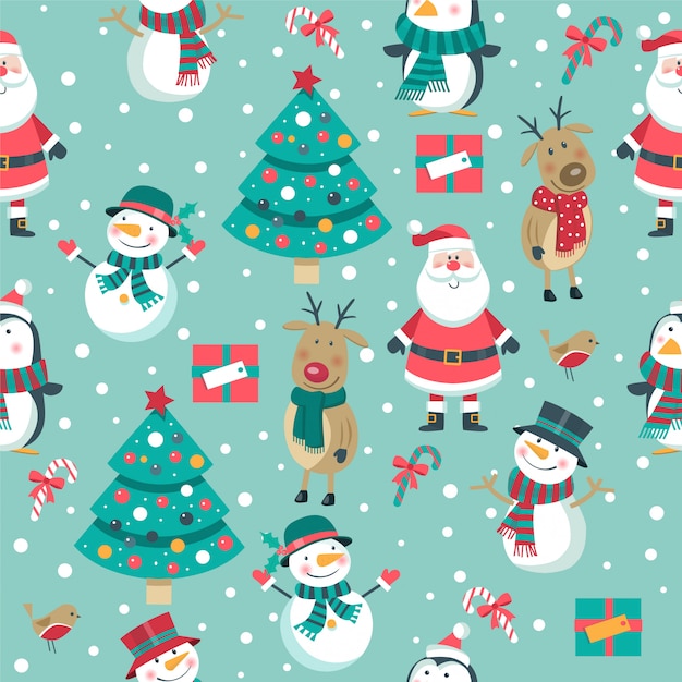 Seamless Christmas pattern with Santa, deer, snowmen on blue