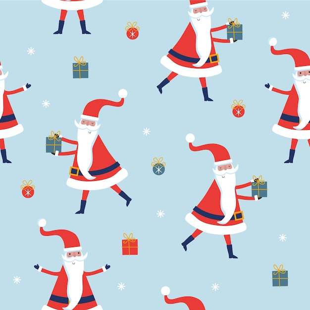 Seamless Christmas pattern with Santa and gifts on blue pattern.