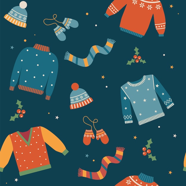 Seamless Christmas pattern with  woolen jumpersscarfs hats and gloves Vector illustration