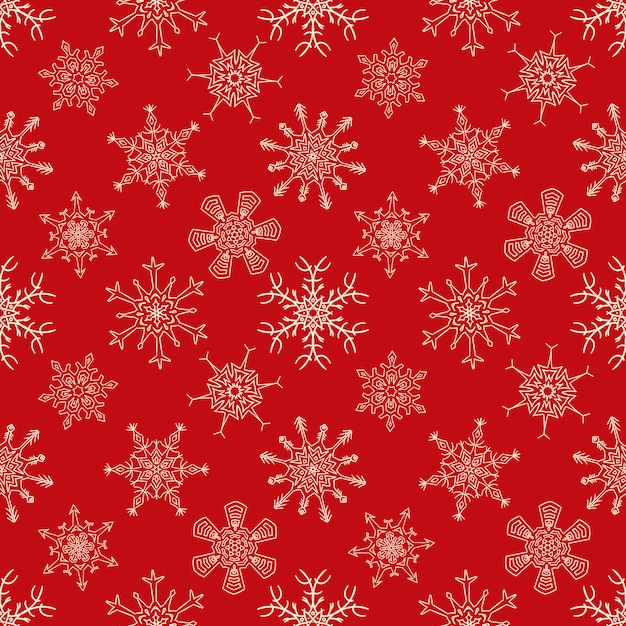 Seamless Christmas red pattern with drawn snowflakes