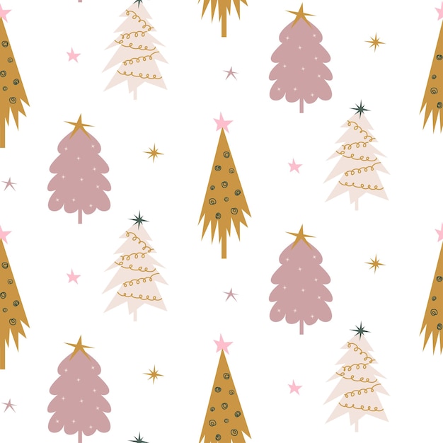 Seamless Christmas vector background with colored Christmas trees on white New year design element