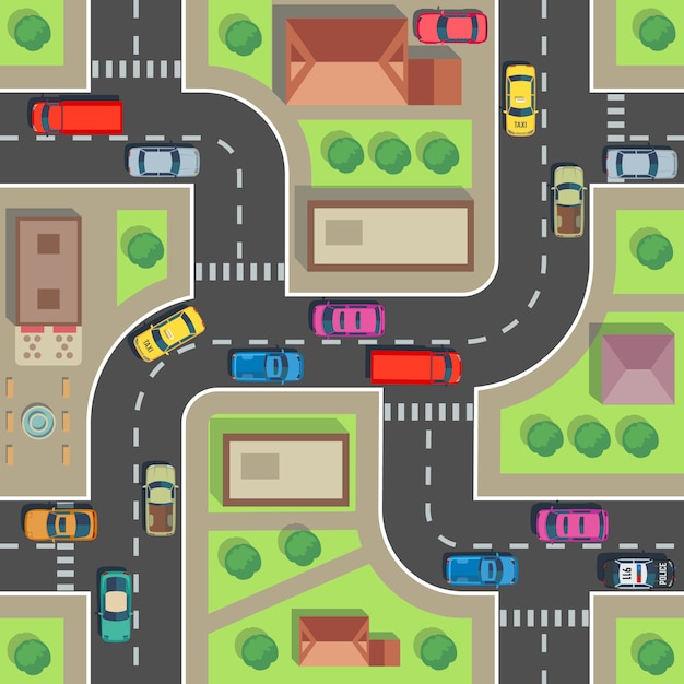 Seamless city map. Top view building and street with cars and trucks. 