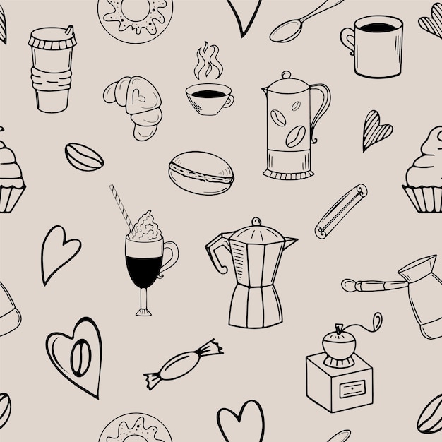 Seamless coffeethemed doodle pattern on beige background