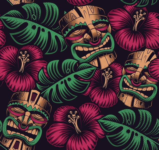 Seamless color pattern with a tiki mask on Polynesia style on dark background