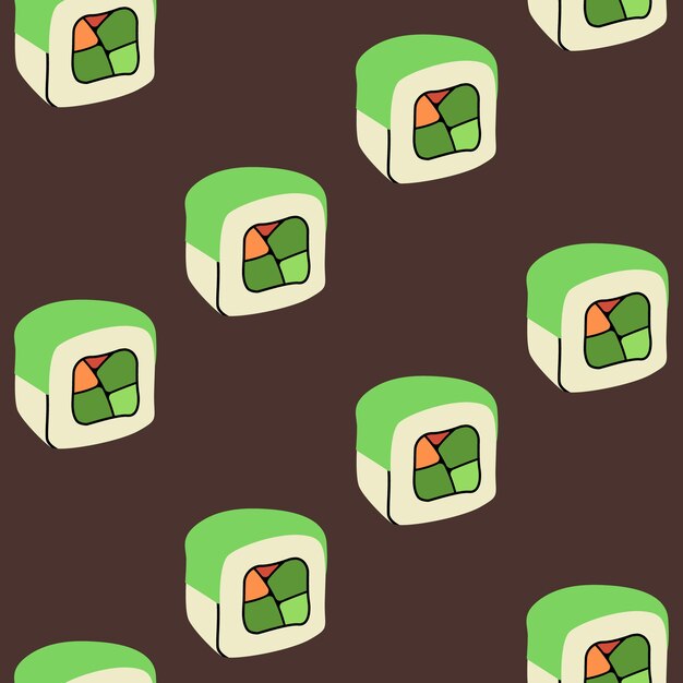 Seamless colored pattern with cartoon Japanese sushi roll