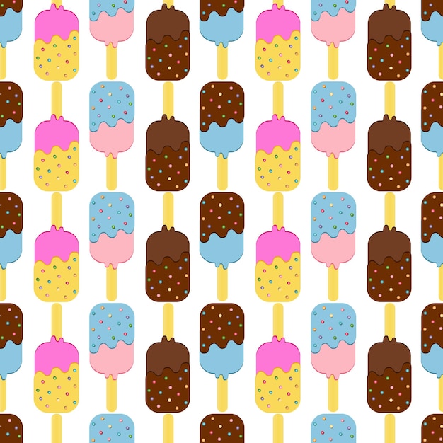 Seamless Colorful Ice Cream Pattern.  Ice Cream Dessert on a Wooden Stick. Vector illustration.