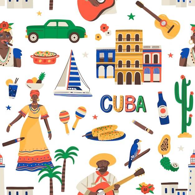 Seamless Cuban pattern with ethnic Latin food, car, boat, people, Havana cigar, rum, guitar and maracas on white background. Cuba repeatable texture for printing. Colored flat vector illustration.