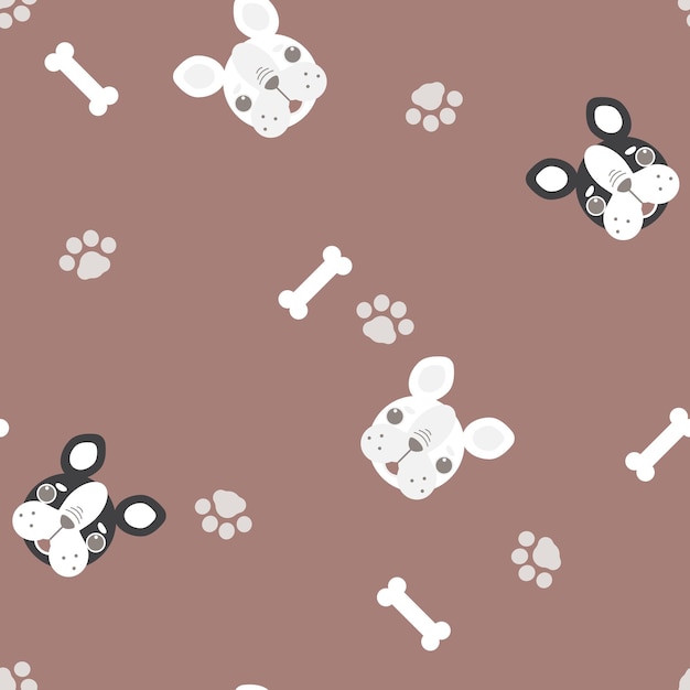 seamless cute animal pet french bulldog repeat pattern with bone, foot print in brown background