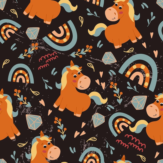 Seamless cute baby pattern with unicorn Pattern on a dark background