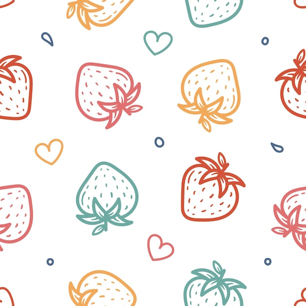 Seamless cute doodle pattern of colorful strawberries and hearts vector illustration