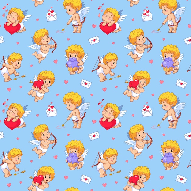 Seamless cute pattern with cupids and angels Valentine with bow and arrows Vector cartoon