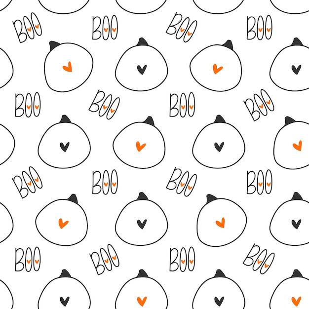 Seamless cute pattern with pumpkin silhouette with eyes hearts Text boo Happy halloween wrapping invitation print fabric