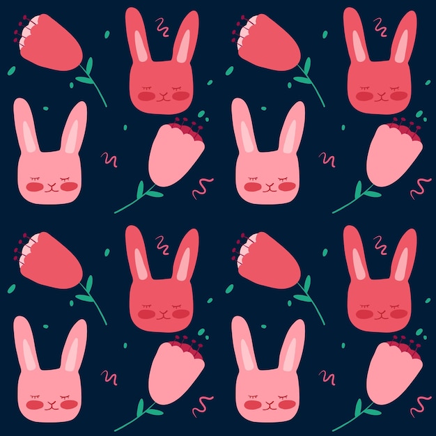 Seamless cute white bunny rabbit in hippie style pattern vector illustration