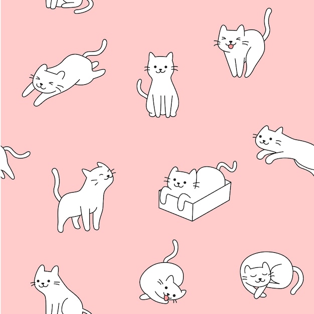 Seamless cute white cat pattern illustration