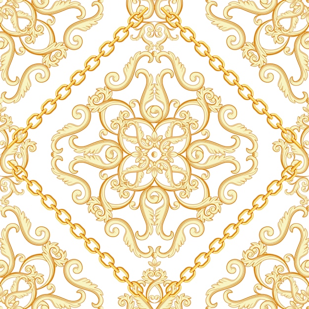 Seamless damask pattern. Golden beige on white texture with chains.  illustration.