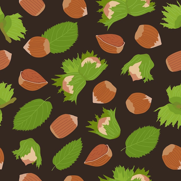 Seamless dark hand drawn pattern with hazelnuts, nuts shell and leaves