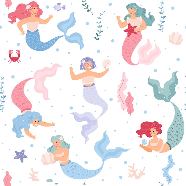 Seamless decorative girlish pattern with mermaids flat vector illustration