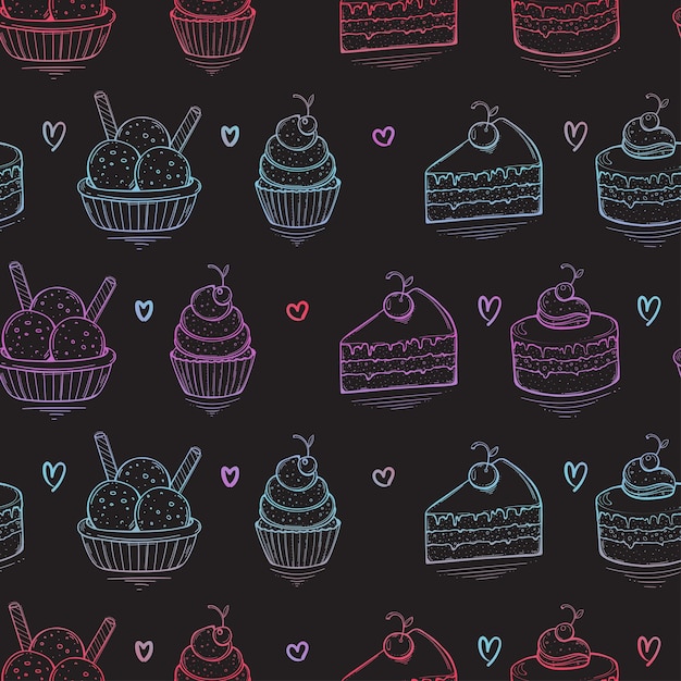 Seamless desserts colorful pattern on black background handdrawn