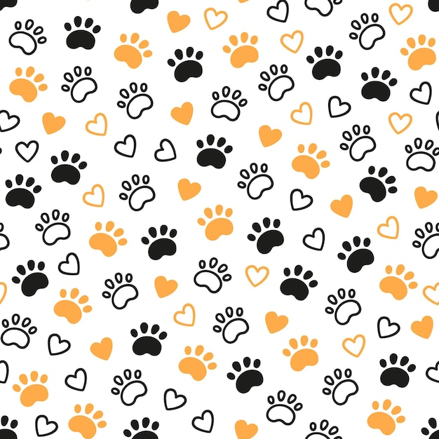 Seamless dog pattern with paw prints and hearts Cat foot texture Pattern with doggy pawprint