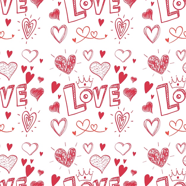 Vector seamless doodle heart and love word pattern