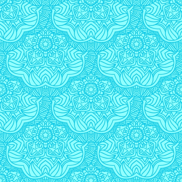 Seamless doodle mandala star blue lacy repeat vector pattern