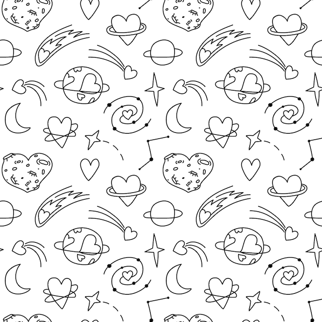 Seamless doodle pattern with cosmic hearts Background with astronomical contour drawings