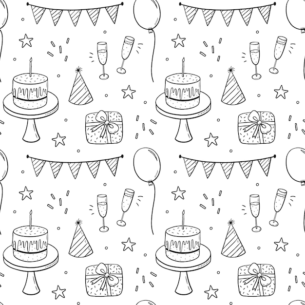 Seamless doodle pattern with festive cakes party hats gifts champagne and garlands