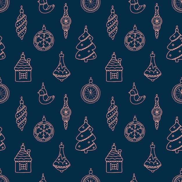 Seamless doodle pattern with white Christmas toys, decorations on a dark blue background.