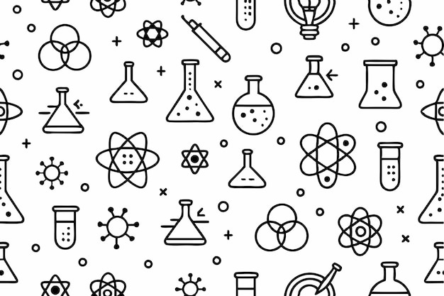 Seamless Doodle Science Lab Pattern Vector Hand drawn Laboratory Equipment Symbols Illustration