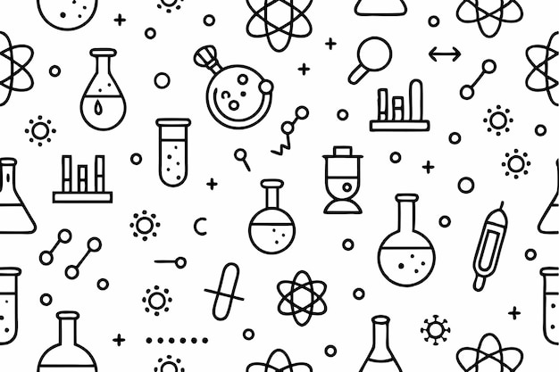 Seamless Doodle Science Lab Pattern Vector Hand drawn Laboratory Equipment Symbols Illustration